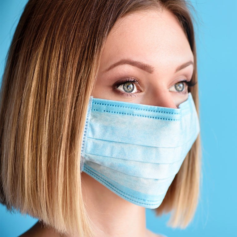 Woman wearing disposable face mask